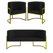 Kit 2 Poltronas + Sofá 2 Lugares Base De Metal Gold material sintético Preto Kit 2 Poltronas + Sofá 2 Lugares Base De Metal Gold material sintético Preto