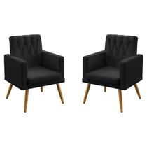 Kit 2 Poltronas Vega Com Rodapé e Botões em Capitonê Para Sala de Estar Couro Preto Aradecor