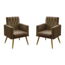 Kit 2 Poltronas Vega Com Rodapé e Botões em Capitonê Para Sala de Estar Sued Capuccino Aradecor