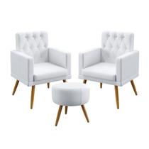 Kit 2 Poltronas Vega Rodapé Capitonê + Puff Solar+ Couro Artificial Branco Aradecor