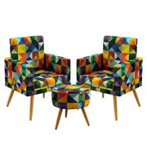 Kit 2 Poltronas Vega Rodapé e Puff Solar Suede Estampado Colorido Aradecor Kit 2 Poltronas Vega Rodapé e Puff Solar Suede Estampado Colorido Aradecor