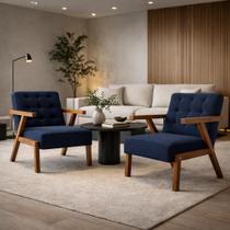 Kit 2 Poltronas Zara Capitone Tecido Boucle Moderna Decorativa Pés Em Madeira Maciça Para Sala De Estar cor:azul