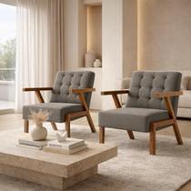 Kit 2 Poltronas Zara Capitone Tecido Boucle Moderna Decorativa Pés Em Madeira Maciça Para Sala De Estar cor:cinza