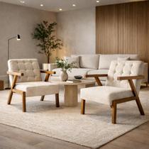 Kit 2 Poltronas Zara Capitone Tecido Boucle Moderna Decorativa Pés Em Madeira Maciça Para Sala De Estar cor:cru