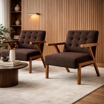 Kit 2 Poltronas Zara Capitone Tecido Boucle Moderna Decorativa Pés Em Madeira Maciça Para Sala De Estar cor:marrom