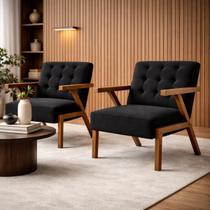 Kit 2 Poltronas Zara Capitone Tecido Boucle Moderna Decorativa Pés Em Madeira Maciça Para Sala De Estar cor:preto