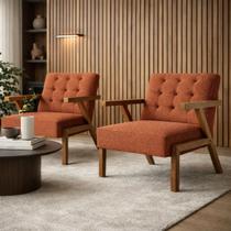 Kit 2 Poltronas Zara Capitone Tecido Boucle Moderna Decorativa Pés Em Madeira Maciça Para Sala De Estar cor:terracota