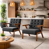 Kit 2 Poltronas Zara Tecido Linho Moderna Decorativa Braços Pés Madeira Maciça Para Sala De Estar Escritório cor:chumbo
