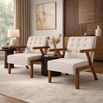 Kit 2 Poltronas Zara Tecido Linho Moderna Decorativa Braços Pés Madeira Maciça Para Sala De Estar Escritório cor:cru