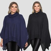 Kit 2 Poncho Feminino Tricot Liso Gola Alta Casaco Lã Inverno