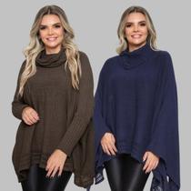 Kit 2 Poncho Feminino Tricot Liso Gola Alta Casaco Lã Inverno