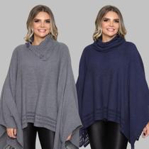 Kit 2 Poncho Feminino Tricot Liso Gola Alta Casaco Lã Inverno