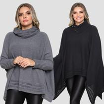 Kit 2 Poncho Feminino Tricot Liso Gola Alta Casaco Lã Inverno