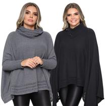 Kit 2 Poncho Feminino Tricot Liso Gola Alta Casaco Lã Inverno