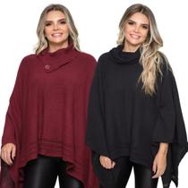 Kit 2 Poncho Feminino Tricot Liso Gola Alta Casaco Lã Inverno