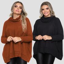 Kit 2 Poncho Feminino Tricot Liso Gola Alta Casaco Lã Inverno