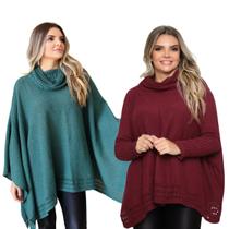 Kit 2 Poncho Feminino Tricot Liso Gola Alta Casaco Lã Inverno