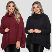 Kit 2 Poncho Feminino Tricot Liso Gola Alta Casaco Lã Inverno