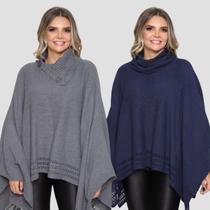 Kit 2 Poncho Feminino Tricot Liso Gola Alta Casaco Lã Inverno