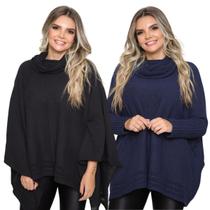 Kit 2 Poncho Feminino Tricot Mousse Liso Gola Alta Casaco Lã