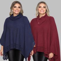 Kit 2 Poncho Feminino Tricot Mousse Liso Gola Alta Casaco Lã