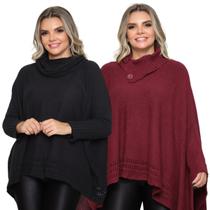 Kit 2 Poncho Feminino Tricot Mousse Liso Gola Alta Casaco Lã