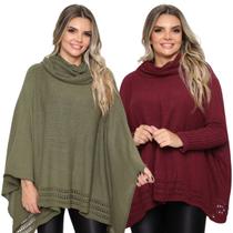 Kit 2 Poncho Feminino Tricot Mousse Liso Gola Alta Casaco Lã