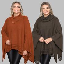 Kit 2 Poncho Feminino Tricot Mousse Liso Gola Alta Casaco Lã