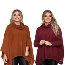 Kit 2 Poncho Feminino Tricot Mousse Liso Gola Alta Casaco Lã