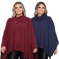 Kit 2 Poncho Feminino Tricot Mousse Liso Gola Alta Casaco Lã