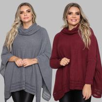 Kit 2 Poncho Feminino Tricot Mousse Liso Gola Alta Casaco Lã