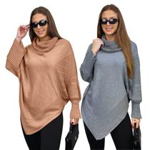 Kit 2 Ponchos Bico Feminino Capa Tricô Mousse Liso Gola Alta Inverno Casual