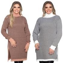 Kit 2 Ponchos Feminino Plus Size Xadrez Gola Alta de Tricô
