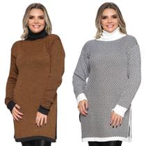 Kit 2 Ponchos Feminino Plus Size Xadrez Gola Alta de Tricô - Ebenezer