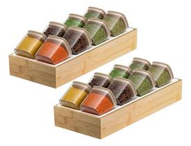 Kit 2 Porta Condimento Tempero Hermético 8 Potes Com Base Bambu