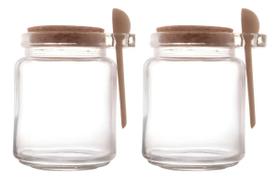kit 2 Porta Condimentos De Vidro Colher Bambu E Tampa Rolha 240ml