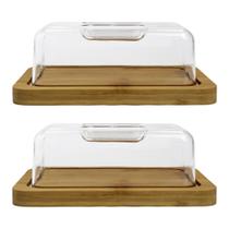 Kit 2 Porta Frios de Bambu Com Tampa Acrílica Para Queijo Salame Presunto
