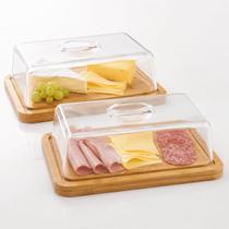 Kit 2 Porta Frios Queijo Base Madeira Tampa Acrílico Mesa Café Manhã Fim de Semana Serve Protege Apresenta 24x18cm Elegante -