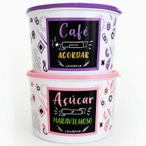 Kit 2 Porta Mantimentos Açúcar Café Plástico Decorado com Tampa 2L Kit 2 Porta Mantimentos Açúcar Café Plástico Decorado com Tampa 2L