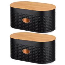 Kit 2 Porta Pão De Metal Pão De Forma Tampa De Bambu Preto Kit 2 Porta Pão De Metal Pão De Forma Tampa De Bambu Preto