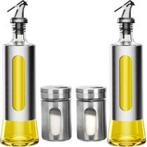 Kit 2 Porta Tempero + 2 Galheteira Conjunto em Aço Inoxidável e Vidro