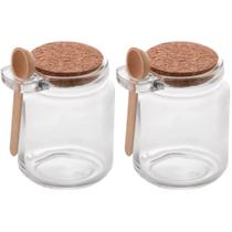 Kit 2 Porta Tempero Condimento de Vidro com Colher de Bambu Tampa Rolha 240ml Pote de Mel Saleiro Açucareiro Lyor