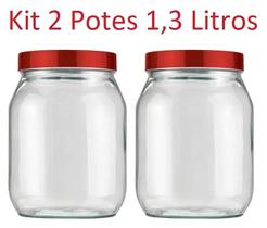 Kit 2 Pote 1,3 Litros Recipiente Vidro Liso Invicta Vermelho