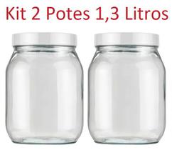 Kit 2 Pote 1,3 Litros Recipientes Vidro Liso Invicta Branco