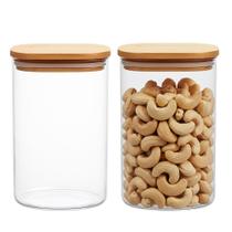 Kit 2 Pote de Vidro com Tampa de Bambu Hermético Porta Mantimentos Organizador 1,1L 15cm Quadrado Em Casa Tem
