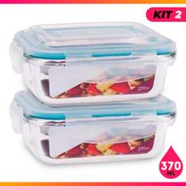 Kit 2 Pote de Vidro Hermético Borossilicato 370ml Marmita Fitness Freezer Microondas