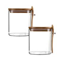 Kit 2 Pote Hermético Mantimento Armazenamento de Vidro Tampa E Colher Bambu 650ml