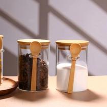 Kit 2 Pote Hermetico Vidro Com Colher Tampa Bambu 450 Ml