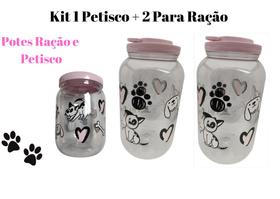 KIT 2 Pote Porta Ração 3.6ml na cor Rosa + 1 Porta Petisco 1.7ml na cor Rosa, Tampa com Rosca e Alça