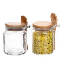 Kit 2 Pote Porta Temperos Condimentos de Vidro Hermético com Tampa e Colher de Bambu 270ml Wolff